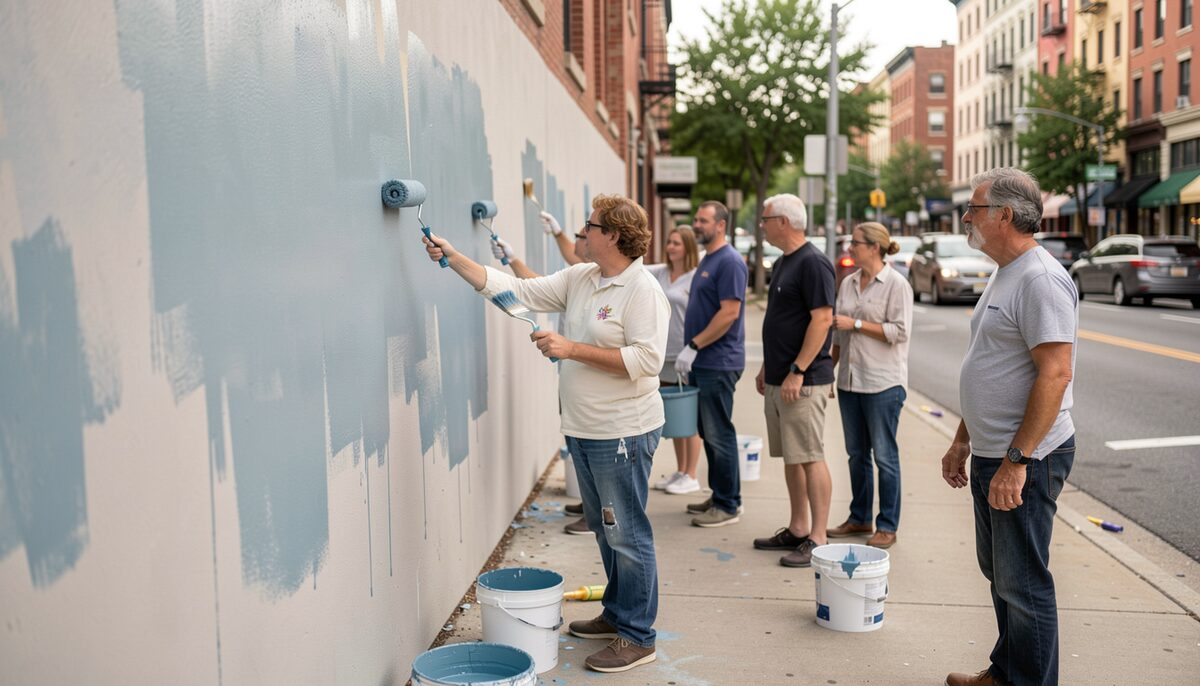 A group of people of varied ages painting a large outdoor wall with brushes and rollers, buckets of paint on the ground, a city street in the background.