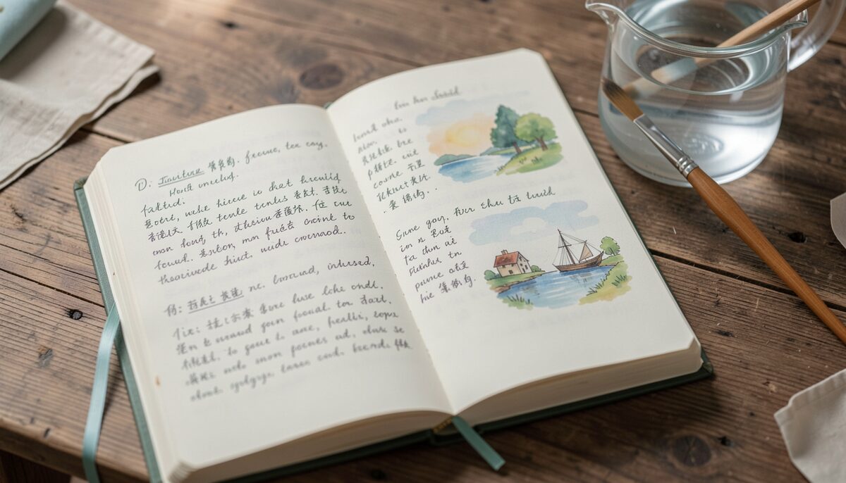 An open journal with handwritten text and small watercolour sketches, a brush resting on a water pot nearby.