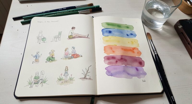 An open journal showing small watercolour sketches and colour washes on the page, brushes and a water glass beside it