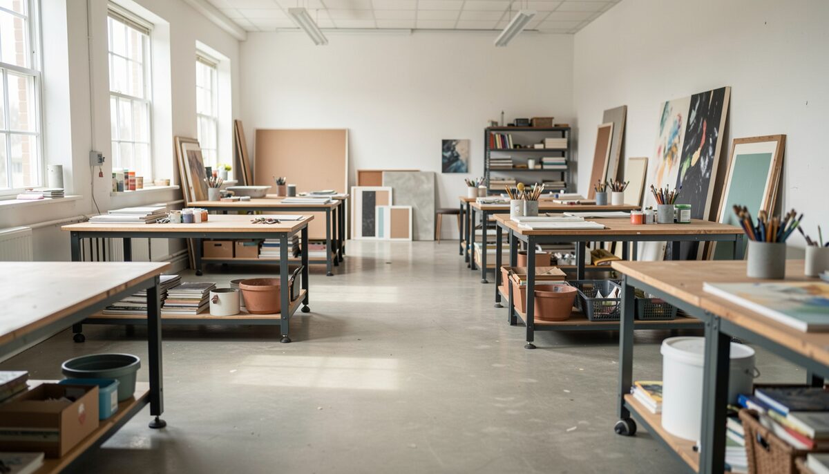 A workshop space with wide clear floor paths, adjustable height tables, and a range of art materials arranged within easy reach.