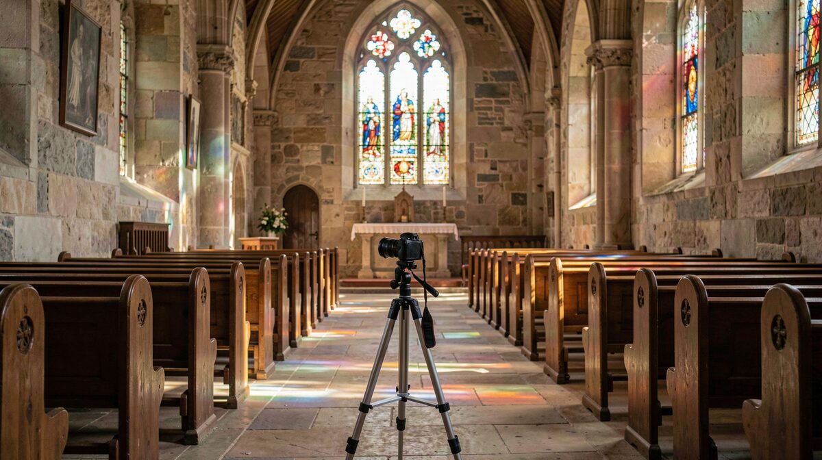 A dim stone church interior in morning light, stained glass windows glowing softly, a camera on a tripod in the aisle, framed to show the nave and the coloured light on old stone.