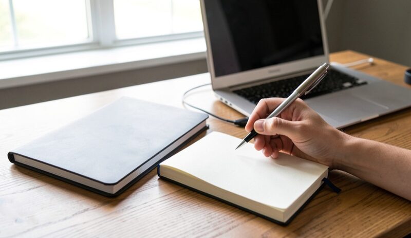 A hand holding a pen over a blank notepad beside a closed laptop on a counselor's desk, soft window light