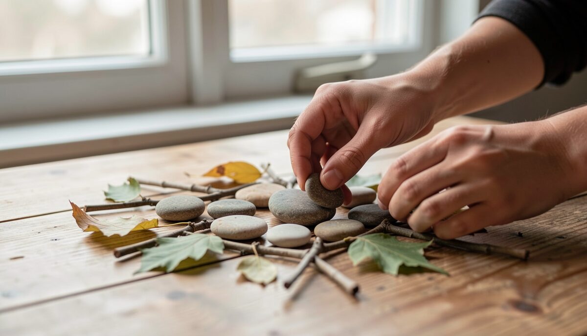 A pair of hands arranging smooth pebbles, twigs, and leaves into a small pattern on a wooden table by a window.