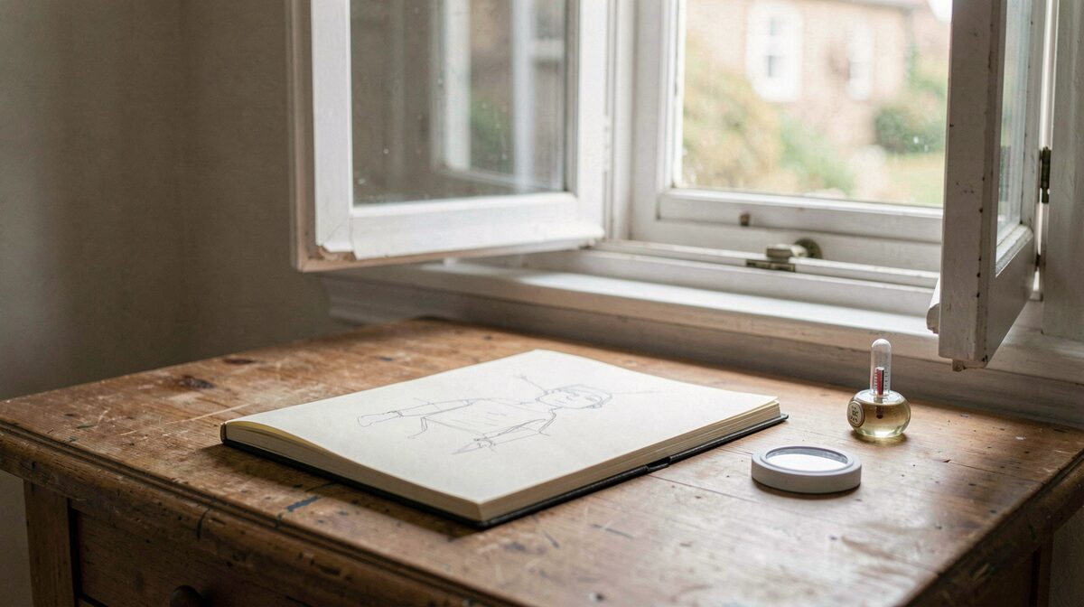 A calm home studio corner in soft daylight, a sketchbook and pencil on a wooden table beside a slightly open window with a small hygrometer nearby.