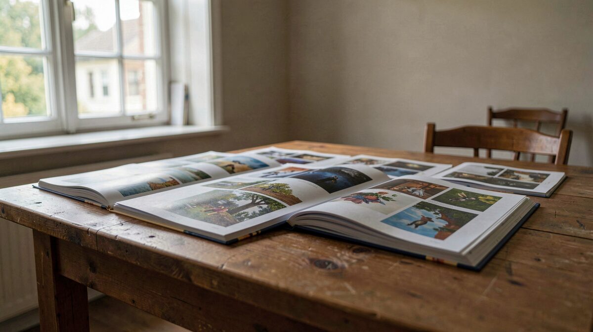 A quiet reading room with open art catalogues on a wooden table, soft daylight from a tall window, side angle close to the table surface.