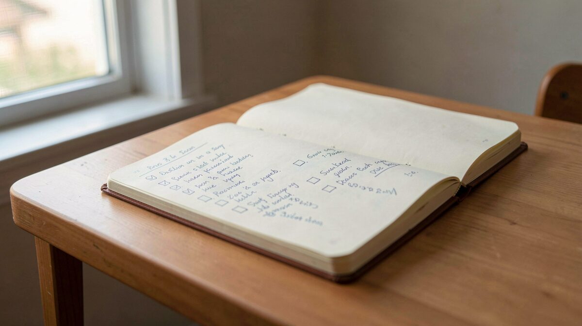 A quiet desk with an open notebook, a simple checklist handwritten on the page, and morning light from a side window.