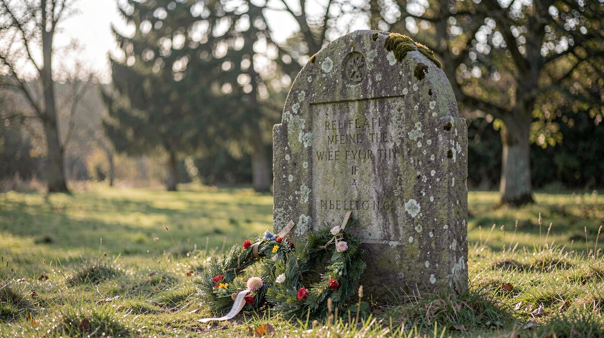 A quiet village memorial stone with small wreaths, photographed in soft morning light at a slight angle, with trees behind