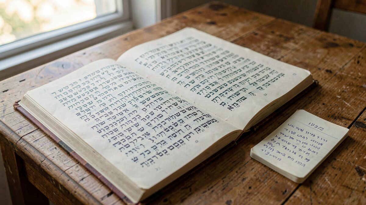 An open book of Hebrew text on a wooden table beside a small notebook, lit by soft morning light from a nearby window, framed in close up.