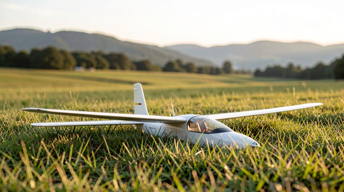 A model glider resting on grass at the edge of a field in soft morning light, wide framing with hills in the background.