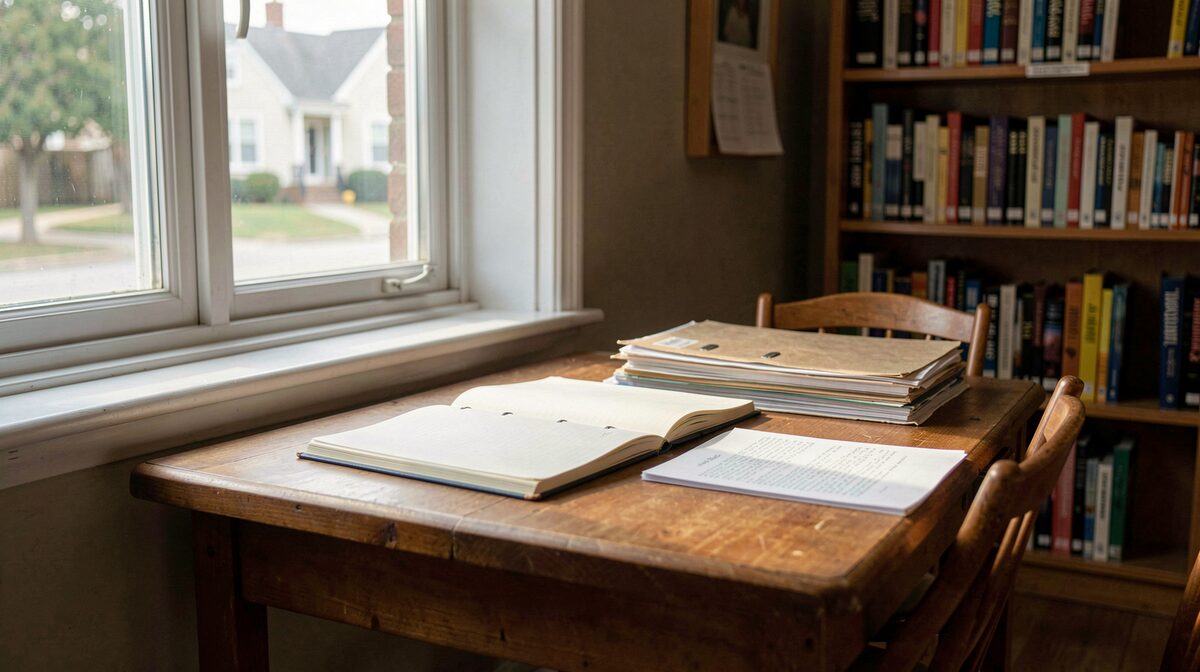 A quiet reading table by a window in a small local library, morning light across an open notebook and stacked archive folders, framed square.