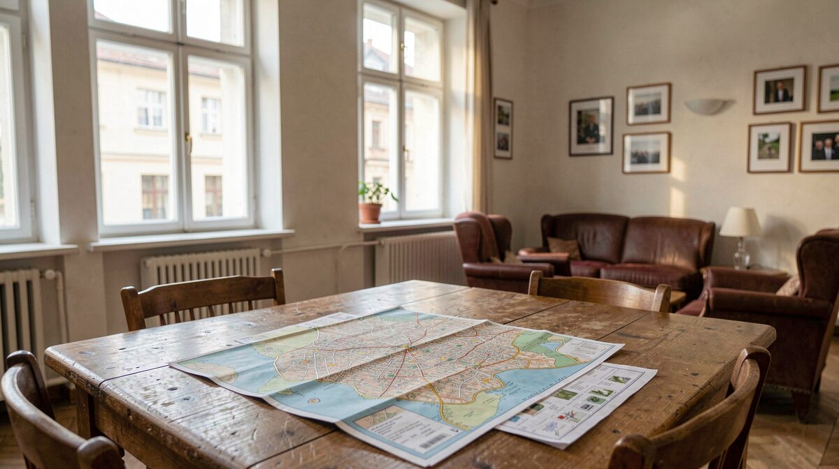 A calm hostel common room in Prague with a city map spread on a wooden table, soft morning light through tall windows, wide framing