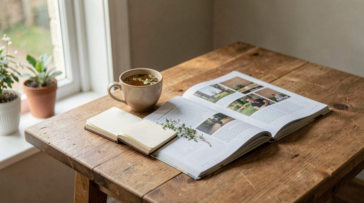A quiet reading table by a window with soft morning light, a notebook, a cup of herbal tea, and an open magazine, framed from above at a slight angle.