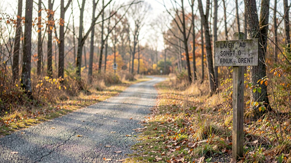 A quiet crushed limestone trail on a soft autumn morning in the American Midwest, photographed at eye level with bare trees and a wooden trailhead sign in frame, natural light, no people